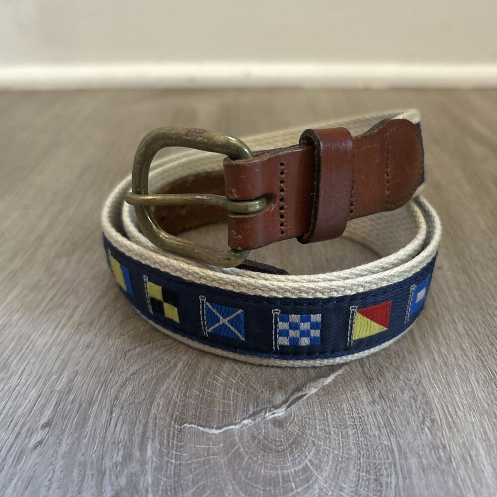 Leather Man Ltd Essex CT USA Canvas Brass Belt Men 38 Nautical Flag Preppy Yacht